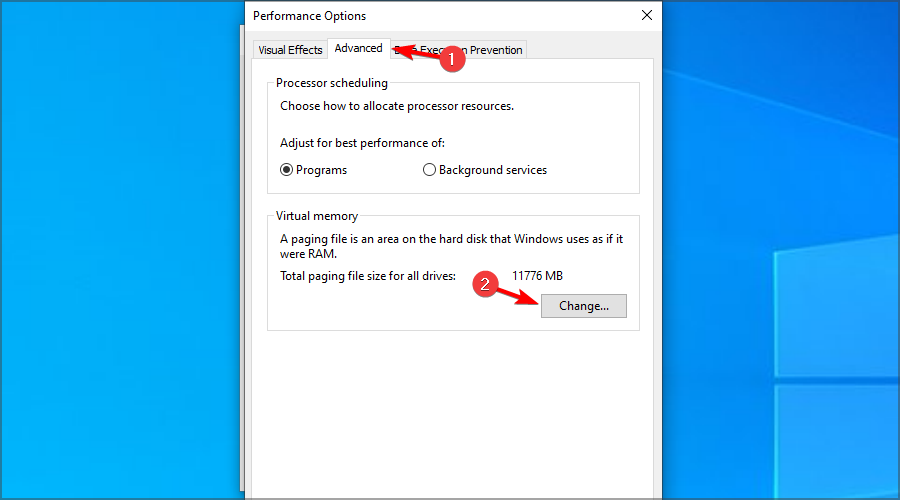 advanced tab in performance option window