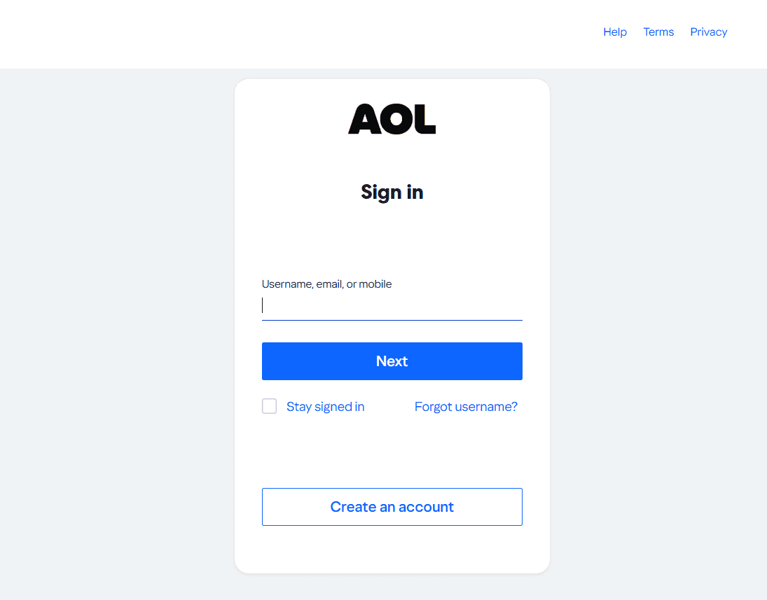 aol email sign in login fields page